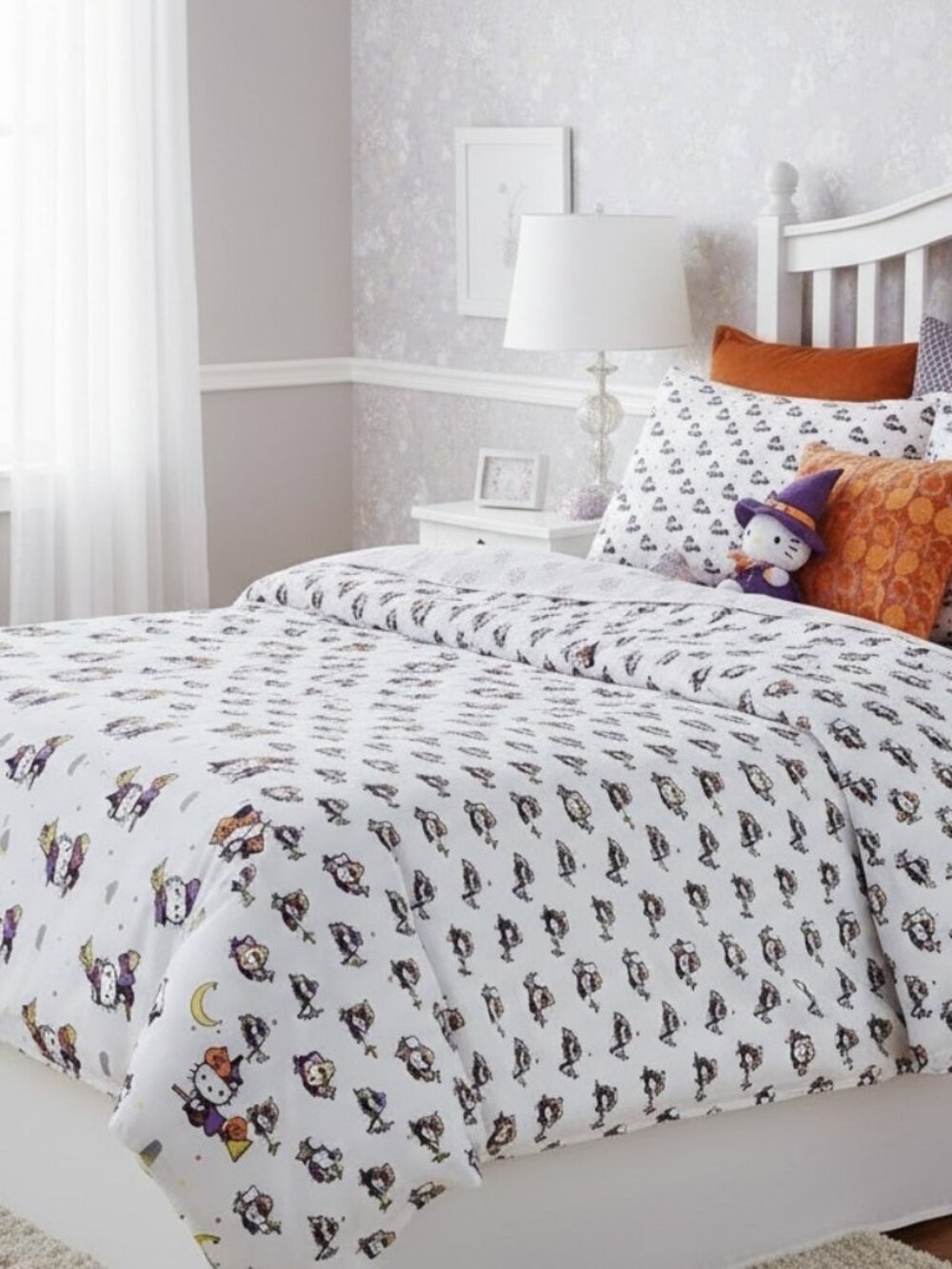 Sanrio Hello Kitty Halloween Witch Pumpkin Cotton Twin Sheet Set 4PC New White